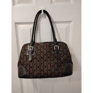 FOSSIL Signature Jacquard‎ Black Brown Leather Trim Satchel Purse